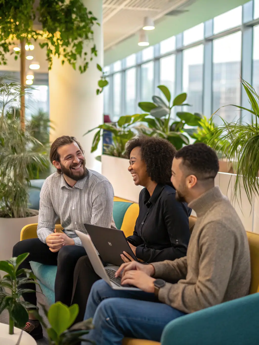 A diverse group of employees smiling and engaged, representing the comprehensive and inclusive benefits solutions provided by OMCT Solutions.