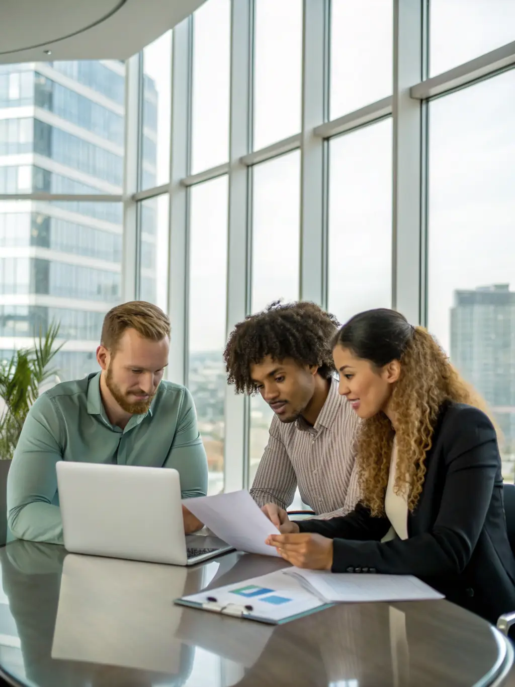 A professional team discussing employee benefits options in a modern office setting, emphasizing collaboration and expertise in brokerage services.
